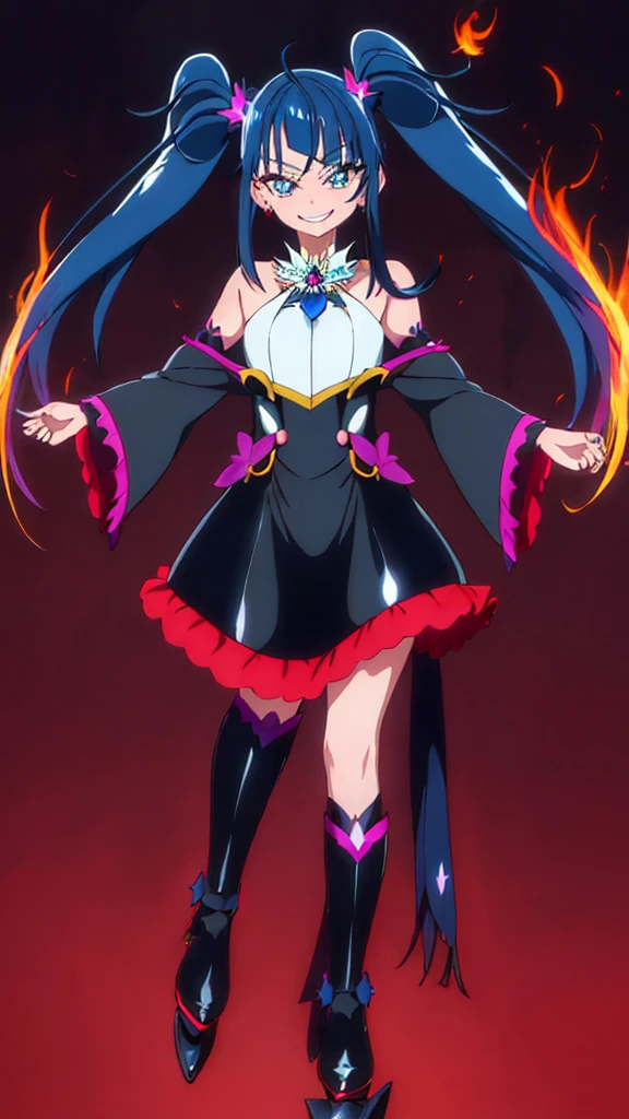 Highest quality, Very detailed,One Girl, alone, {cure_null_hirogarunullprecure:1.15}, Dark blue hair, blue eyes, Blue flames in the eyes, Long Hair, Twin tails, Magical girl, bangs, Open your mouth, Redhead, multicoloRedhead, One Girl, blunt bangs, Darken your clothes, hair ornaments, Wicked Smile, devilish aura (Shiny fabric:1.5), Full Body Shot, Purple Gemstone, attractive, blush, (Beautiful attention to detail:1.6), Very detailed顔, Perfect lighting, Extremely detailed CG, (Perfect hands, Perfect Anatomy), devil, Red and black color scheme, Shiny material, Grin, blackリボン, blackのサテン手袋, Evil clover leaf ornament, blackのフリル, jewelry, corruption, Latex Gloss, blackのゴシックマント, Wicked Smile, 背景を暗blackの世界, Red Moon, cloudy null, CG Style, One-sided black wing,Dark shadowed face,Sadistic smile,Malice,Contempt,smile,black