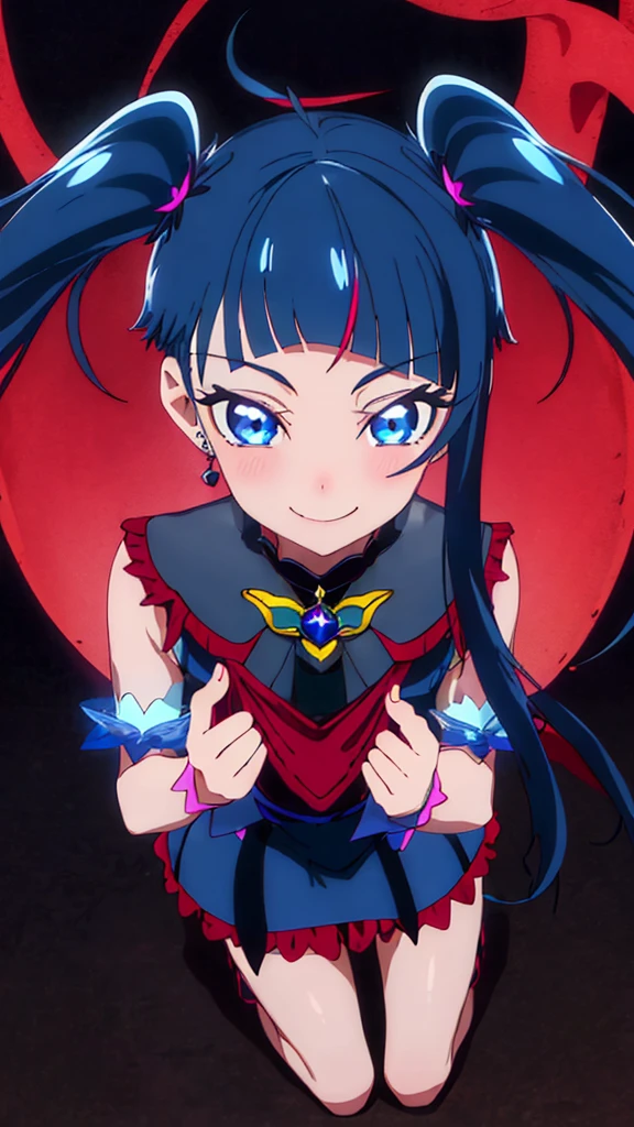 Highest quality, Very detailed,One Girl, alone, {cure_null_hirogarunullprecure:1.15}, Dark blue hair, blue eyes, Blue flames in the eyes, Long Hair, Twin tails, Magical girl, bangs, Open your mouth, Redhead, multicoloRedhead, One Girl, blunt bangs, Darken your clothes, hair ornaments, Wicked Smile, devilish aura (Shiny fabric:1.5), Full Body Shot, Purple Gemstone, attractive, blush, (Beautiful attention to detail:1.6), Very detailed顔, Perfect lighting, Extremely detailed CG, (Perfect hands, Perfect Anatomy), devil, Red and black color scheme, Shiny material, Grin, blackリボン, blackのサテン手袋, Evil clover leaf ornament, blackのフリル, jewelry, corruption, Latex Gloss, blackのゴシックマント, Wicked Smile, 背景を暗blackの世界, Red Moon, cloudy null, CG Style, One-sided black wing,Dark shadowed face,Sadistic smile,Malice,Contempt,smile,black