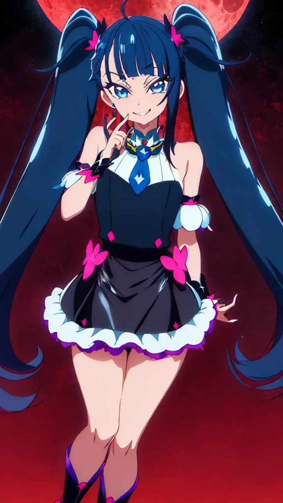 Highest quality, Very detailed,One Girl, alone, {cure_null_hirogarunullprecure:1.15}, Dark blue hair, blue eyes, Blue flames in the eyes, Long Hair, Twin tails, Magical girl, bangs, Open your mouth, Redhead, multicoloRedhead, One Girl, blunt bangs, Darken your clothes, hair ornaments, Wicked Smile, devilish aura (Shiny fabric:1.5), Full Body Shot, Purple Gemstone, attractive, blush, (Beautiful attention to detail:1.6), Very detailed顔, Perfect lighting, Extremely detailed CG, (Perfect hands, Perfect Anatomy), devil, Red and black color scheme, Shiny material, Grin, blackリボン, blackのサテン手袋, Evil clover leaf ornament, blackのフリル, jewelry, corruption, Latex Gloss, blackのゴシックマント, Wicked Smile, 背景を暗blackの世界, Red Moon, cloudy null, CG Style, One-sided black wing,Dark shadowed face,Sadistic smile,Malice,Contempt,smile,black