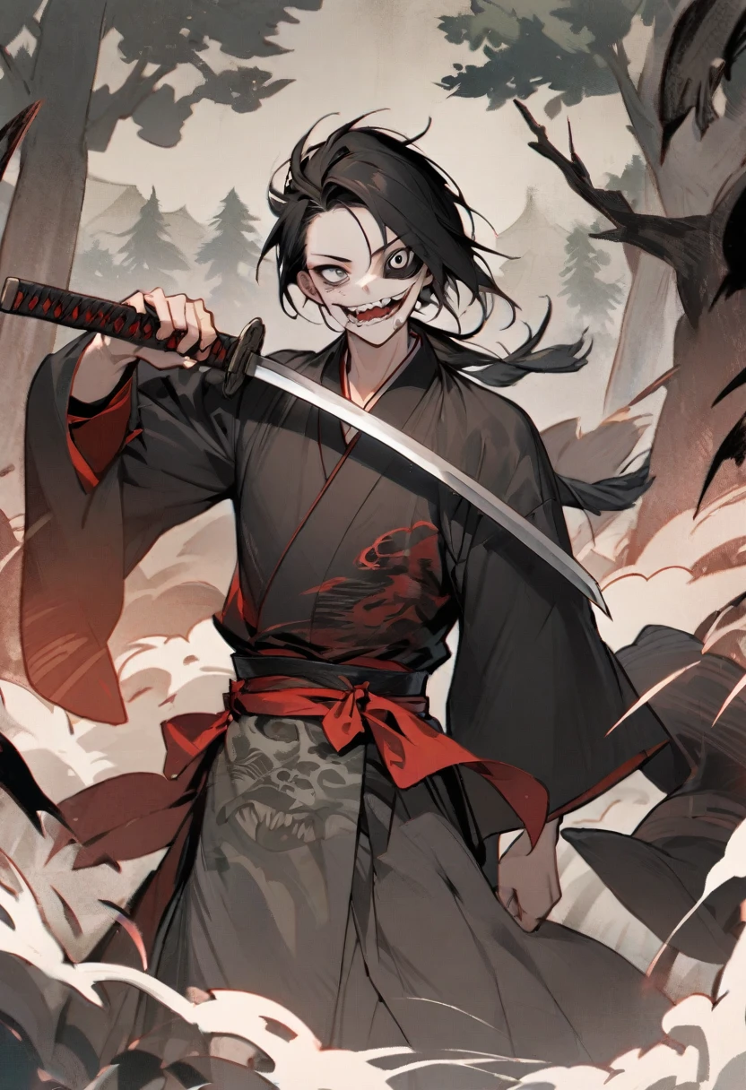 young man ,Male Dark, dark Woods,Red & Black colors, pale eye, samurai dnd, ronin background, hold katana in right hand ,clam face