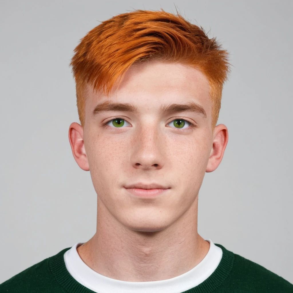 Handsome guy,  Scottish guy , orange hair, green eyes, short hair, buzzcut hair,   student