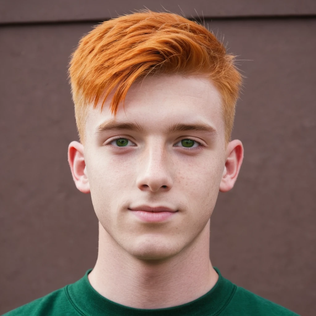 Handsome guy,  Scottish guy , orange hair, green eyes, short hair, buzzcut hair,  17 years old student