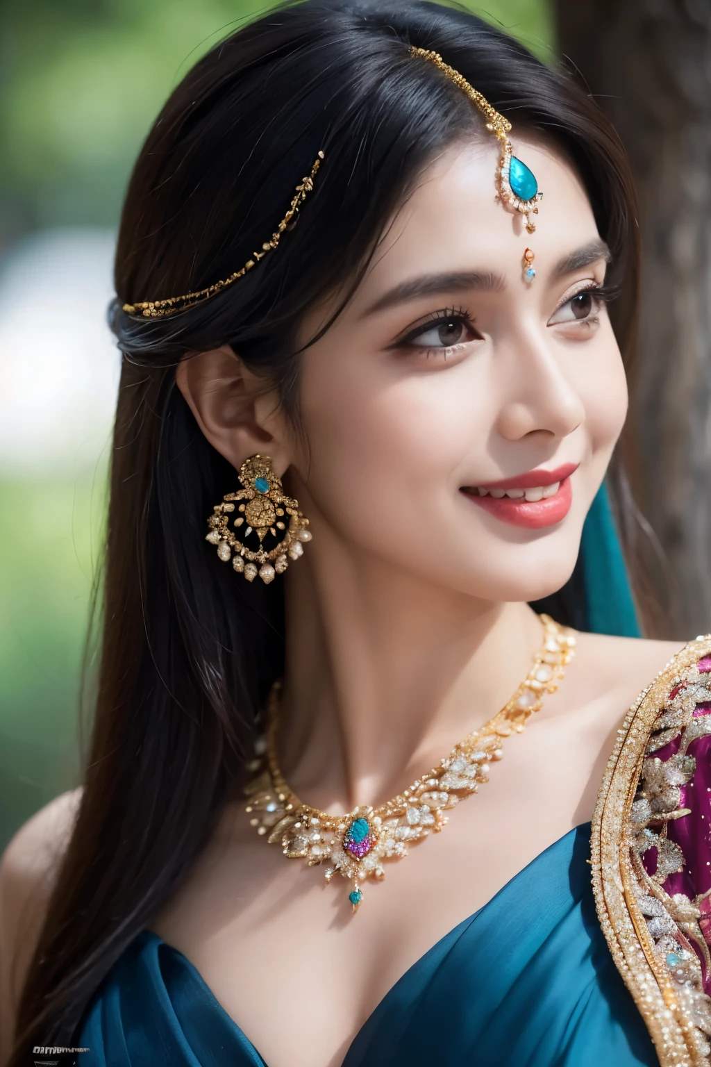 Woman wearing sari with necklace, goddess beauty, happy smile, intricate suit, decorated with precious stones, wearing elegant jewelry with intricate details, intricate outfit, face front of black and blue jewelry, top notch intricate detailed jewelry, hand jewelry model images, close up portrait, intricate beauty, intricate jewelry