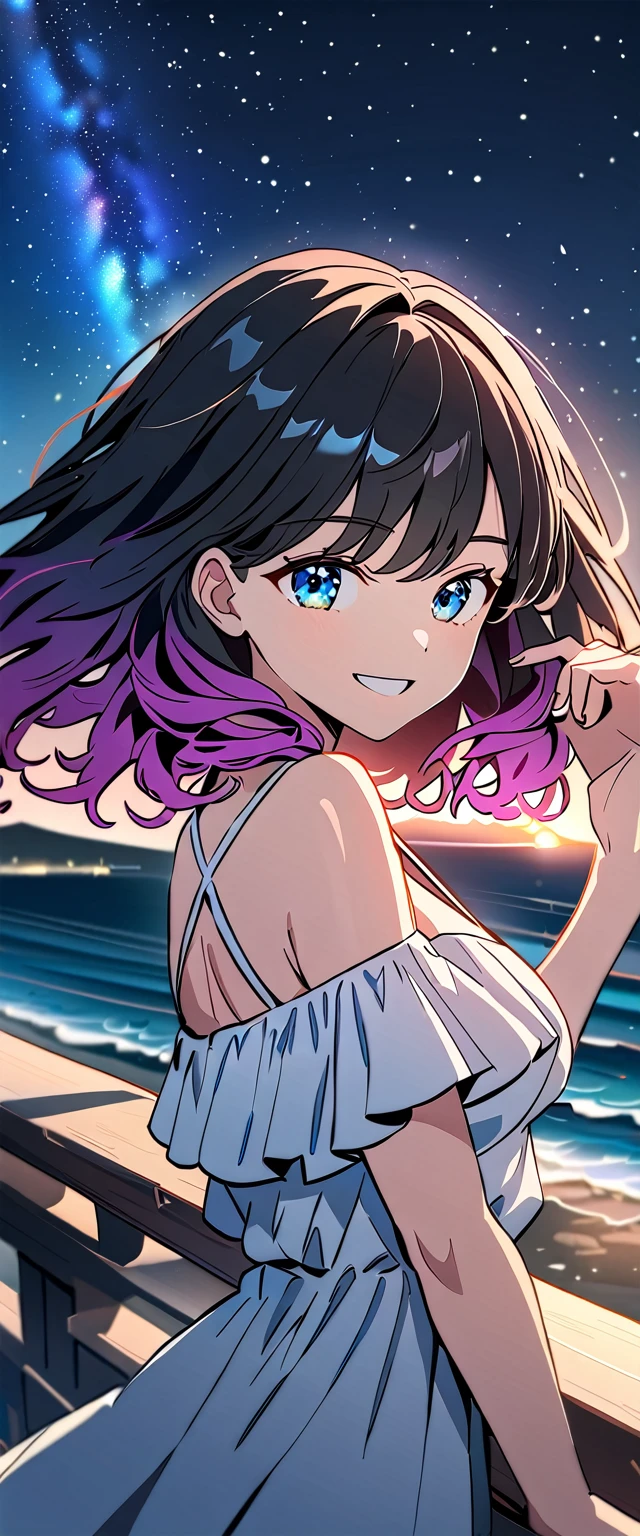 ((grin)), Eyeshadow, False eyelashes, ((off-shoulder dress:1.3, criss-cross halter)), ((white sundress)), ((cleavage)), ((high twin tails, medium hair, spiral curl hair, gradient hair, red and black hair, hair extensions, streak)), ((sunglasses, hand to sunglasses)), (((from side))), ((((upper body)))), bare legs, (()), (((a beautiful starry sky, the Milky Way shining beautifully in the night))), ((on the very high cliff)), wavy hair, inward curled hair, ((sea, nature)), breasts, ager, (looking at viewer), puffy long sleeves, collarbone, head tilt:1.3, (((blue eyes))), happy smile, (((anime style))), (best quality, 4K, 8K, highres, masterpiece:1.2, ultra-detailed, ultra-detailed eyes, HDR, uhd, studio lighting, ultra-fine painting, sharp focus, physically-based rendering, extreme detail description, professional, vivid colors, bokeh)