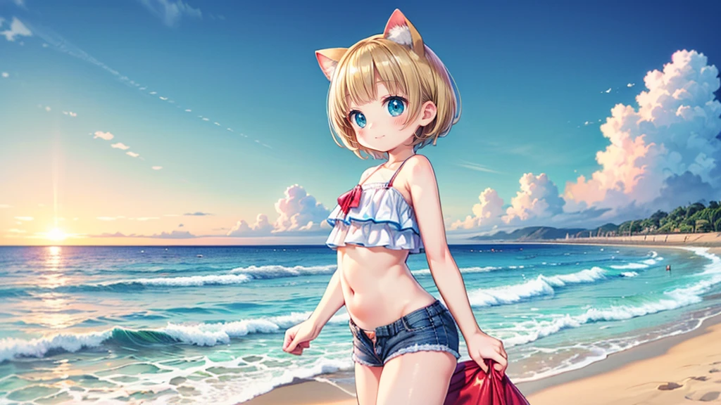 smile,ピンクのSwimwearの上半身、Denim shorts、Turquoise Eyes、Cat ear、Absurd, Ultra-detailed,Bright colors,(solo),(From the side:1.2),(View your viewers:1.5) (Short blonde hair:1.2),Shiny Hair,(ピンクのSwimwear:1.5),Denim shorts,Delicate and beautiful face, blush、(Deep blue eyes:1.4), White skin, (物憂げなsmile:1.3),Beautiful Clouds,(Standing on the beach, looking to the side with a sad expression:1.3),look at the sea and sunset,At sunset,Waves crashing on the beach,sunlight,Light on the face、Cat ear、Belly button、Turquoise Eyes、Swimwear