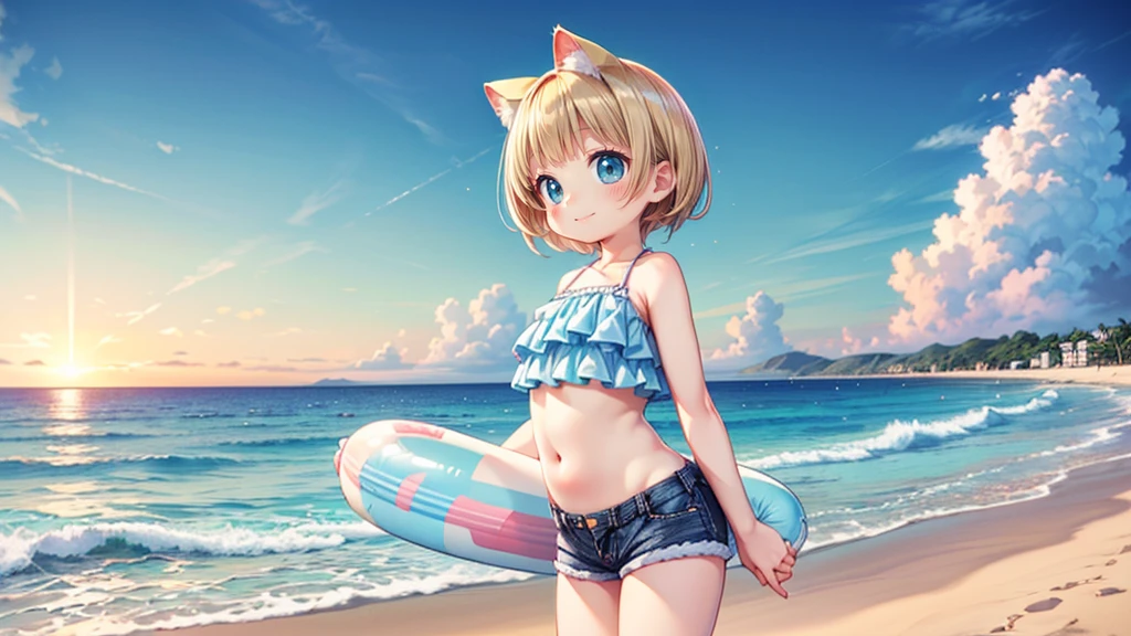 smile,ピンクのSwimwearの上半身、Denim shorts、Turquoise Eyes、Cat ear、Absurd, Ultra-detailed,Bright colors,(solo),(From the side:1.2),(View your viewers:1.5) (Short blonde hair:1.2),Shiny Hair,(ピンクのSwimwear:1.5),Denim shorts,Delicate and beautiful face, blush、(Deep blue eyes:1.4), White skin, (物憂げなsmile:1.3),Beautiful Clouds,(Standing on the beach, looking to the side with a sad expression:1.3),look at the sea and sunset,At sunset,Waves crashing on the beach,sunlight,Light on the face、Cat ear、Belly button、Turquoise Eyes、Swimwear