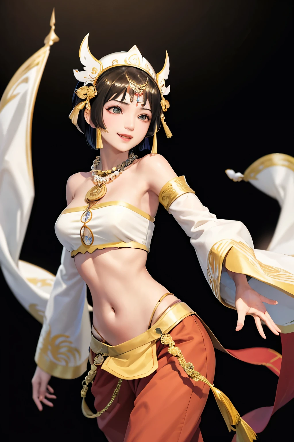 Tripitaka Monk、Sanzang Fashi、Unparalleled in the Three Kingdoms、Unparalleled OROCHI、No sleeve、Chest band、Navel sticking out、Loose pants Black hair、Bobcut、tiara、beads necklace、Sleeves longer than the arms、smile、Dance（（（ＳＦＷ、sound、Highest quality、first-clasasterpiece、Normal body、8K、Detailed face、Ultra-precision、Normal hand、Normal finger、５Finger、Highest）））