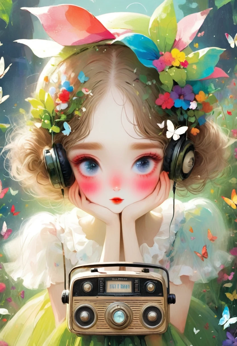 big eyes,A girl in a skirt and a clown hat,Old radio, White butterflies fluttering on her face,