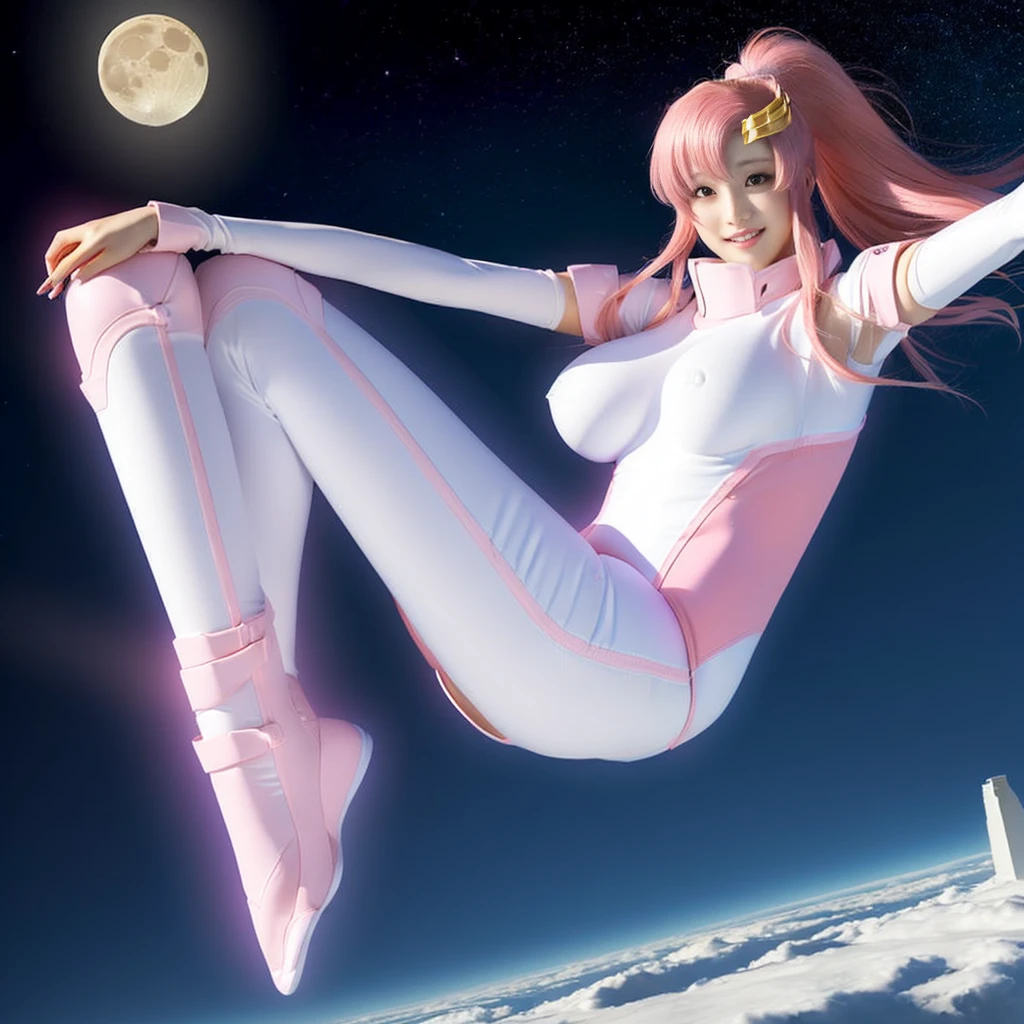 lacusclyne, lacus clyne, (purple eyes:1.1), hair ornament, long hair, wave hair ornament, (light pink hair), smile, open mouth,
BREAK (complex white and pink full bodysuit:1.5), clings tightly to the body,
BREAK ((Golden hair ornament)),
BREAK 1girl, 20 years old, (Generous Breasts:1.35), Plump shape, big hips,
BREAK looking at viewer,
BREAK outdoor, (((floating space, outer space, star, moon))), (Sparks dance the night sky:1.3),
BREAK (Highest quality、4K、8K, 16K, masterpiece:1.3), Ultra detailed face, Detailed lips, Detailed eyes, double eyelid, BREAK,
(Encouraging smile:1.3), acrobatic pose, dynamic angle, BREAK,