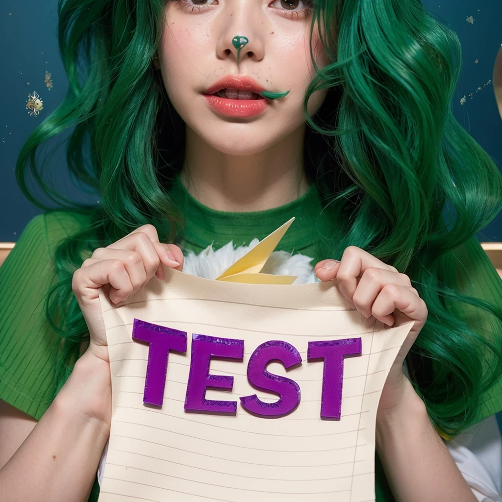 sheet of paper in handssheet of paper in hThis image creatively merges whimsy and concept, featuring a young woman with vibrant green hair styled in luscious curls, suggestive of a playful or fantasy character. Her face is painted with a cute bunny nose and whiskers, adding a playful and charming touch to her overall look. She holds up a piece of paper with the word "TEST" written in bold, purple letters, which contrasts sharply with the simplicity of the lined paper it's written on. The background adds an additional layer of intrigue, blending a cosmic or starry night motif with the more grounded and whimsical elements of her character. The juxtaposition of her playful costume, the mundane object of a paper, and the ethereal background suggests a narrative or theme centered around creativity, learning, or perhaps a playful take on academic challenges. The overall composition is engaging and visually striking, filled with color and life.sheet of paper in handssheet of paper in handsessence of a character full of life, joy, and a touch of whimsy. 3d model, multiple light sources, rim light, sharp post broken glass magic ball of turquoise color with fragments lying nearby frame above from above on a white background effects render, (glossy plastic texture with multiple big light probe refractions), perfect cgi, smooth silhouette, high intensity refraction, (super glossy plastic material), most beautiful vfx, , realistic, 4k, high resolution, rim light, smooth 3d model, multiple light sources, rim light, sharp post effects render,, realistic, 4k, high resolution, rim light detailed digital art, reflective, best quality, 4k, masterpiece:1.2, ultra-detailed, realistic, vivid colors, The image of the highest quality, ensuring every detail showcased perfectly. It in 4k resolution, allowing viewers to immerse themselves in the richness of the colors and intricate details. The realistic rendering. under the spotlight, reflecting, high-resolution image, realistic rendering
