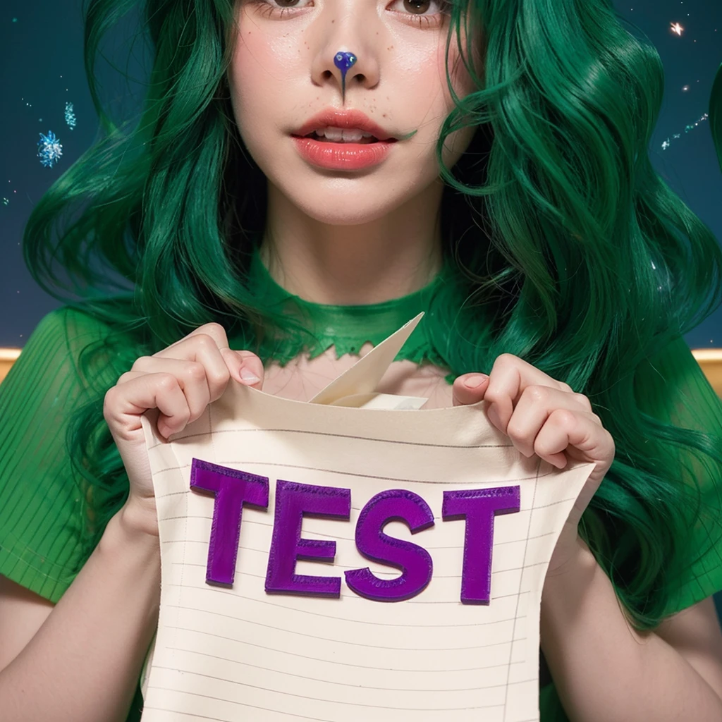 sheet of paper in handssheet of paper in hThis image creatively merges whimsy and concept, featuring a young woman with vibrant green hair styled in luscious curls, suggestive of a playful or fantasy character. Her face is painted with a cute bunny nose and whiskers, adding a playful and charming touch to her overall look. She holds up a piece of paper with the word "TEST" written in bold, purple letters, which contrasts sharply with the simplicity of the lined paper it's written on. The background adds an additional layer of intrigue, blending a cosmic or starry night motif with the more grounded and whimsical elements of her character. The juxtaposition of her playful costume, the mundane object of a paper, and the ethereal background suggests a narrative or theme centered around creativity, learning, or perhaps a playful take on academic challenges. The overall composition is engaging and visually striking, filled with color and life.sheet of paper in handssheet of paper in handsessence of a character full of life, joy, and a touch of whimsy. 3d model, multiple light sources, rim light, sharp post broken glass magic ball of turquoise color with fragments lying nearby frame above from above on a white background effects render, (glossy plastic texture with multiple big light probe refractions), perfect cgi, smooth silhouette, high intensity refraction, (super glossy plastic material), most beautiful vfx, , realistic, 4k, high resolution, rim light, smooth 3d model, multiple light sources, rim light, sharp post effects render,, realistic, 4k, high resolution, rim light detailed digital art, reflective, best quality, 4k, masterpiece:1.2, ultra-detailed, realistic, vivid colors, The image of the highest quality, ensuring every detail showcased perfectly. It in 4k resolution, allowing viewers to immerse themselves in the richness of the colors and intricate details. The realistic rendering. under the spotlight, reflecting, high-resolution image, realistic rendering