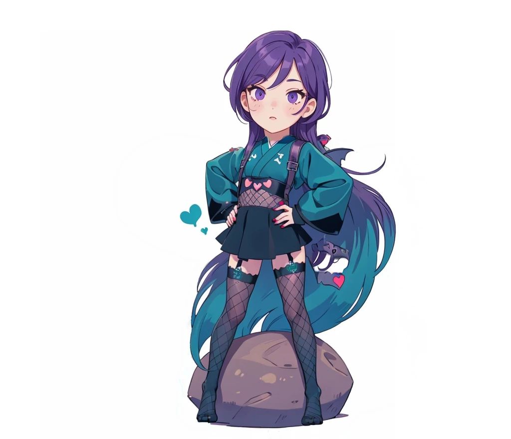 succubus costume, small demonic wings, adolescent, hands on hip, keep positioning, thin black heart shaped tail, black Japanese outfit with teal accents, demonic, (fishnet stockings)