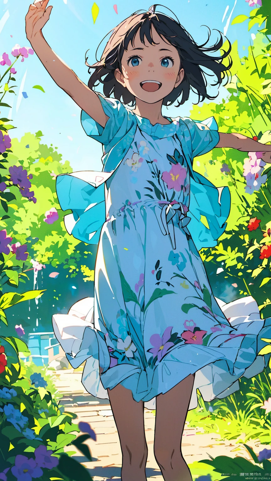 Reasonable design, Clear lines, High Sharpness, (Highest quality,8K,Perfect sharpness,Ultra fine,High resolution,masterpiece:1.2), Perfect Anatomy:1.5, Official Art, Illustrations that tell a story, (Whitish background:0. 9)、Body Positivity、多Mr.な身体表現、(Random and energetic poses)、Perfect beauty、Perfect beautiful face、Strong winds、A rich expression、Dynamic composition、smile、Golden ratio composition、colorful、((Mr.々Different angles and perspectives))、Anime Art、(Mini dress)、(Overcoming stereotypes)、 Glowing Skin、(Natural beauty)、smile、Bangs、(Soft and flowing hair)、(countryside)、(Nostalgic atmosphere)、Put it up to your thighs、(Playful and carefree)、(多Mr.な民族のキャラクター)、(innocent attitude)、(Sunny atmosphere)、(The skirt flutters wildly in the wind)、(Bright colors)、Beautiful Eyes、(Embarrassing)、Braided Hair、Summer Scene、Smiling among flowers、Angle from below、