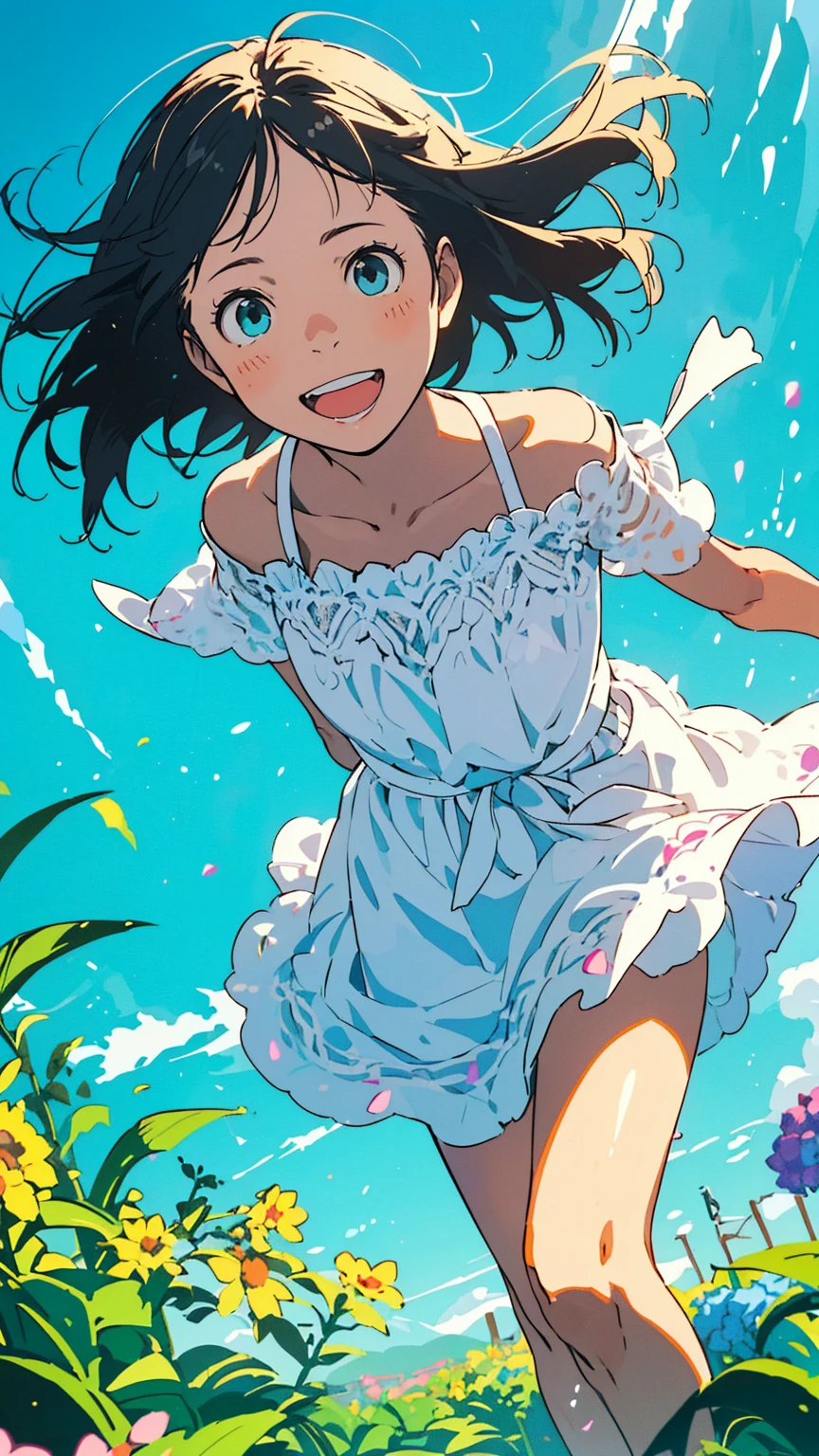 Reasonable design, Clear lines, High Sharpness, (Highest quality,8K,Perfect sharpness,Ultra fine,High resolution,masterpiece:1.2), Perfect Anatomy:1.5, Official Art, Illustrations that tell a story, (Whitish background:0. 9)、Body Positivity、多Mr.な身体表現、(Random and energetic poses)、Perfect beauty、Perfect beautiful face、Strong winds、A rich expression、Dynamic composition、smile、Golden ratio composition、colorful、((Mr.々Different angles and perspectives))、Anime Art、(Mini dress)、(Overcoming stereotypes)、 Glowing Skin、(Natural beauty)、smile、Bangs、(Soft and flowing hair)、(countryside)、(Nostalgic atmosphere)、Put it up to your thighs、(Playful and carefree)、(多Mr.な民族のキャラクター)、(innocent attitude)、(Sunny atmosphere)、(The skirt flutters wildly in the wind)、(Bright colors)、Beautiful Eyes、(Embarrassing)、Braided Hair、Summer Scene、Smiling among flowers、Angle from below、