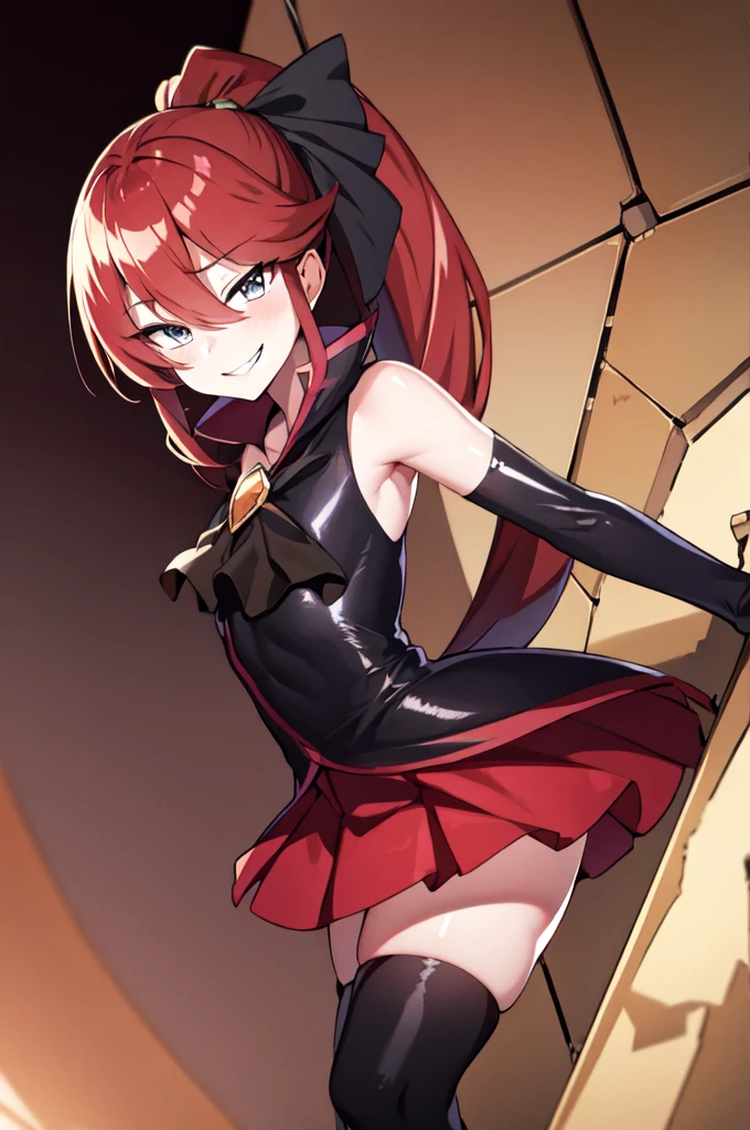 Highest quality, masterpiece, One Girl,Not beautiful, Red Ponytail, Long dress, brooch, Hair Ribbon, Black knee socks, Standing on the rubble, (Wicked Smile:1.1), ,,Dark shadowed face,Sadistic smile,Malice,Contempt,smile,latex,Bad face,,Red Skirt,two hands,two legs,five fingers,evil background,elbow gloves,latex, Wicked Smile, devilish aura (Shiny fabric:1.5),Dark world background,独奏,kick