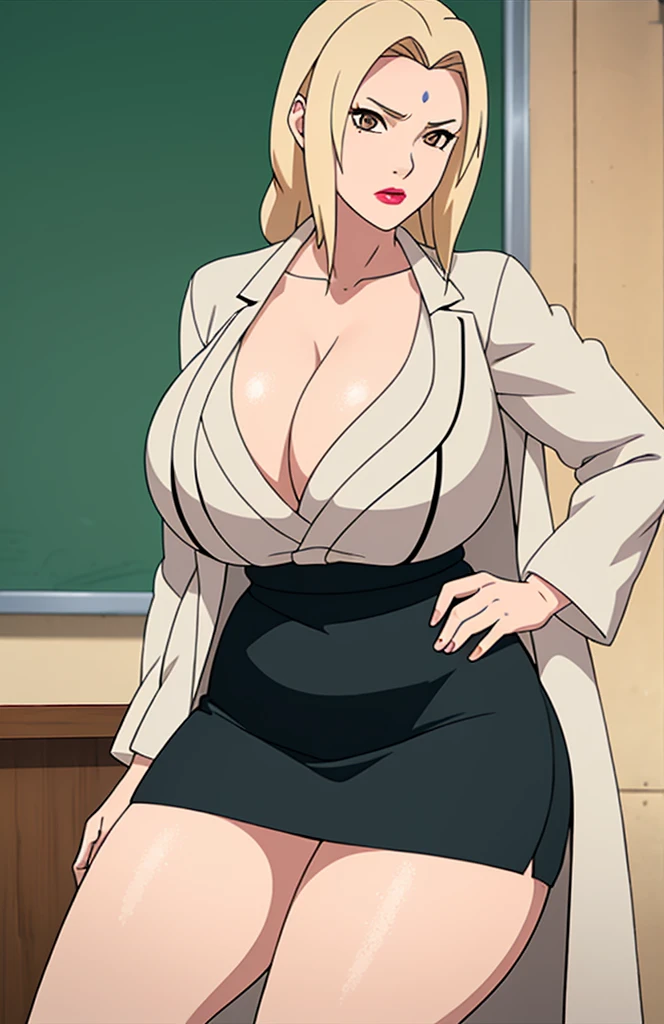 (Big ), white shirt, (long coat), black tight skirt,  fullbody, cleavage, good , masterpiece, best quality, 4k, 8k, professional photography, soft light, sharp focus, 1 girl, blonde hair, at classroom, blonde hair, parted banks, detailed face+brown eyes, open lips, lipstick, close up view, whiteboard