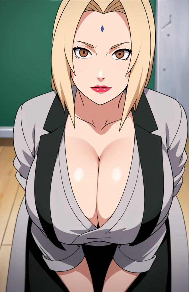 (Big tits), white shirt, (long coat), black tight skirt,  fullbody, cleavage, good anatomy, masterpiece, best quality, 4k, 8k, professional photography, soft light, sharp focus, 1 girl, blonde hair, at classroom, blonde hair, parted banks, detailed face+brown eyes, open lips, lipstick, close up view, whiteboard