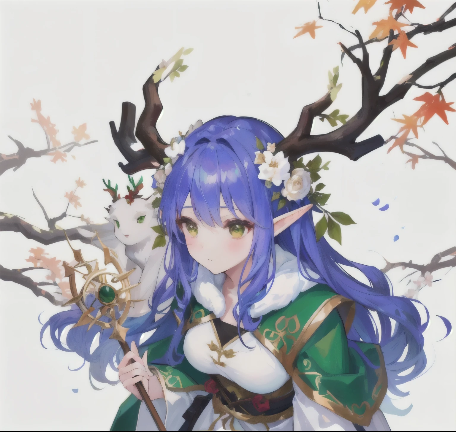 Close-up of cartoon character holding stick, Elf Queen of the Summer Forest, forest hunter lady, Forest tree spirit, Maple Story Character Art, Elf girl in floral suit, female forest archer, Deer Horned God, Red Cliff, Goddess of mischief, Strange Elven Features, Druid女神, 自然Druid, Elf Character, Girl design lush corner, Druid
