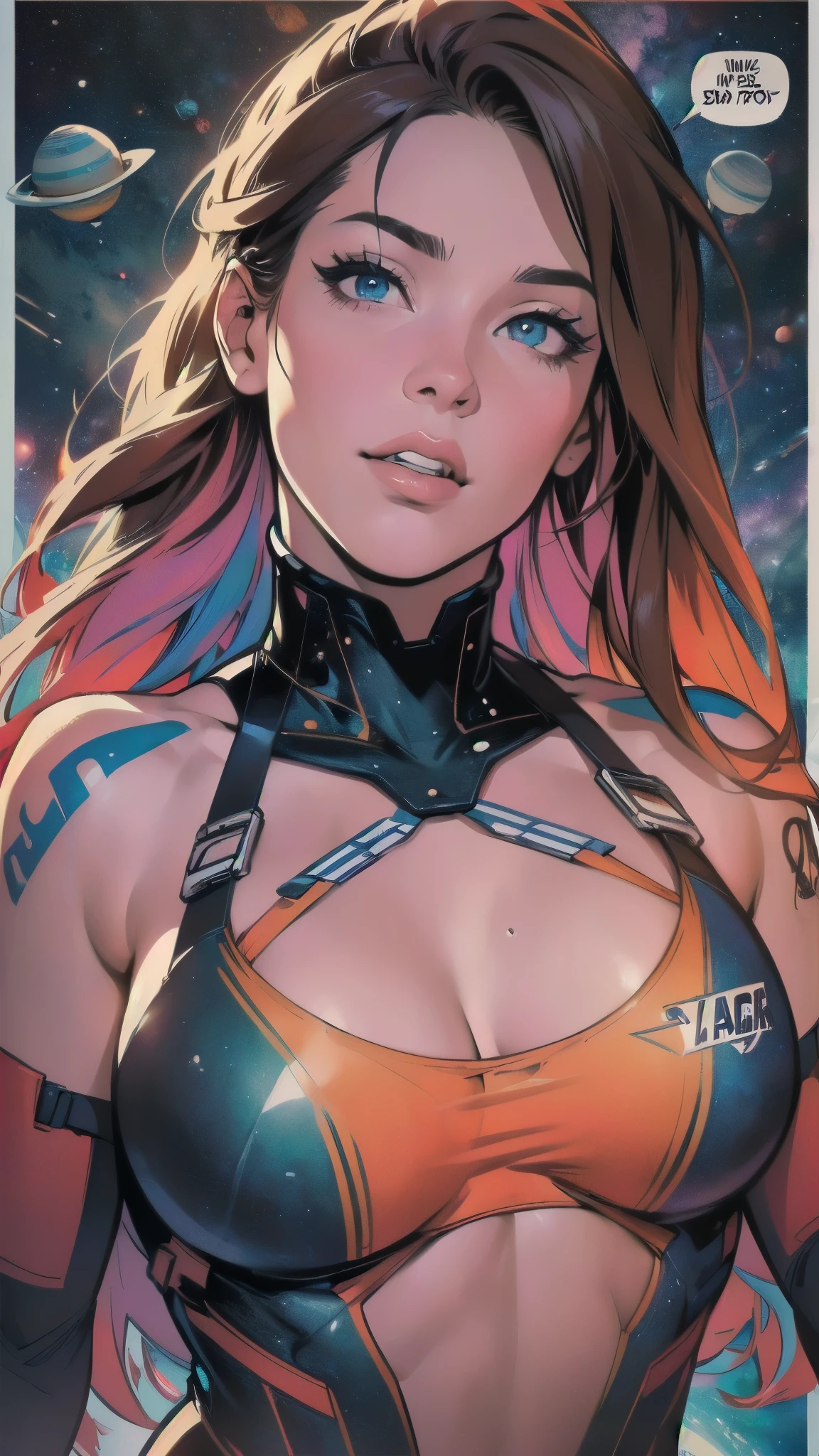 (((ultimate best quality))),((((solo:1.2)))),((((1girl:1.2)))),((((beautiful perfect woman)))),(((detailed perfect body, detailed perfect finger))),((((((ultimate spacethriller movie poster)))))),(((bust up, close up))),(((((American comics))))),(((extreme highlights))),(((Extremely colorful, primary colors))),cleavage, super beautiful lady,(((((typography))))),(((text))),(((((looking up or looking down))))),(((((speech bubble)))))