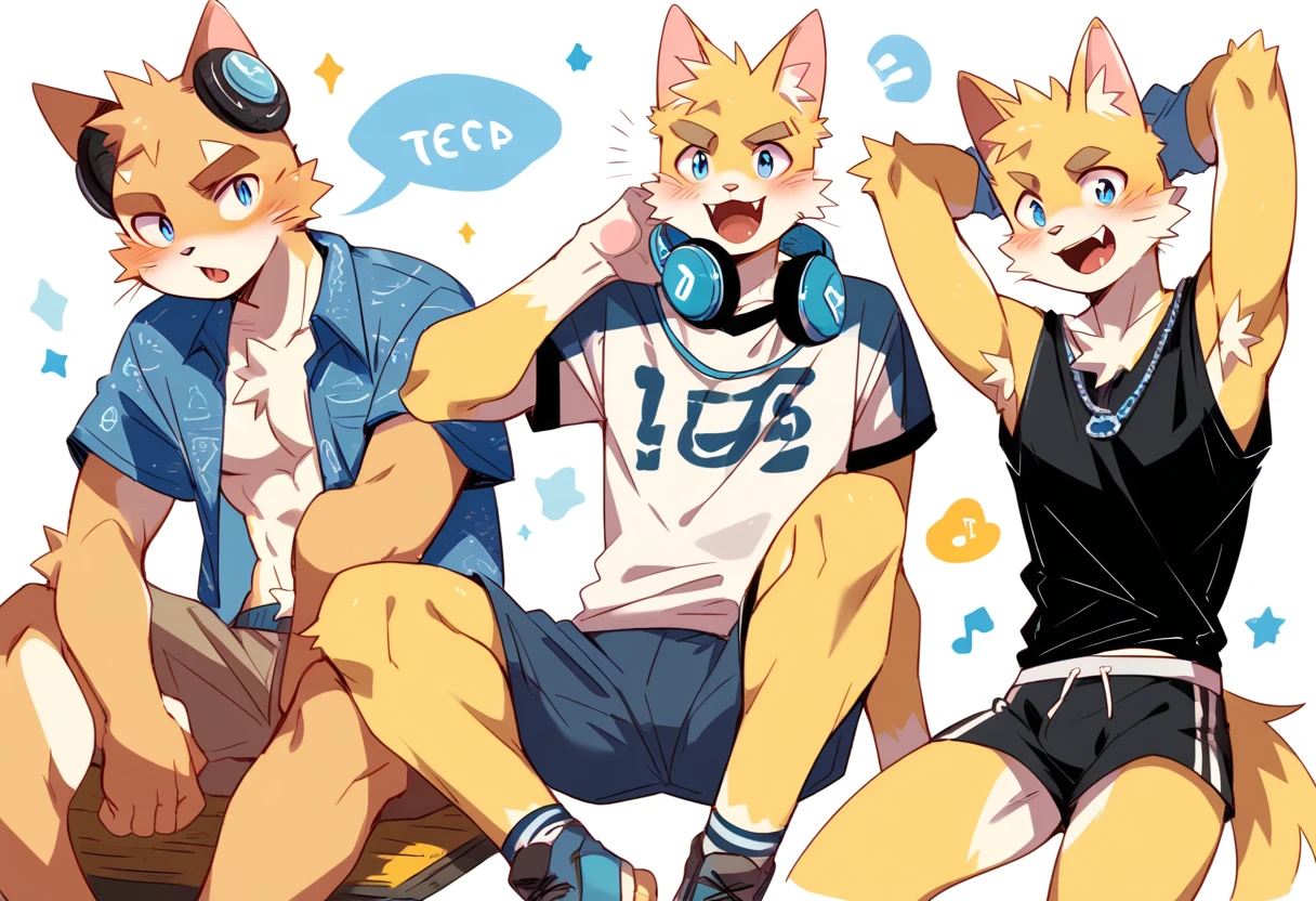 score_9, score_8_up, score_7_up, male, furry, high quality, hires, anthro, ager, 16 ymestic cat, bright yellow fur, blue eyes, wide brown eyebrows, an excited expression, humanoid feet, slim body, prominent v-line, prominent abs, prominent legs, prominent forearm, prominent knees, white background, treasure trail, armpit hair, furry legs, in various sexy poses, headphones, casual clothes, joggers, shorts, showing off, sitting