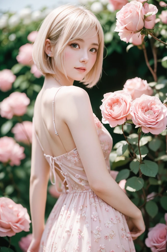 8K, RAW Photos, Fujifilm, Avril-like style photo of a beautiful young woman in a garden of pale pink roses (Highly detailed skin: 1.2) Style Petal Break Short Hair, Blonde and colored hair, Wearing a dress, Film Granulation, 35mm, Cute Style