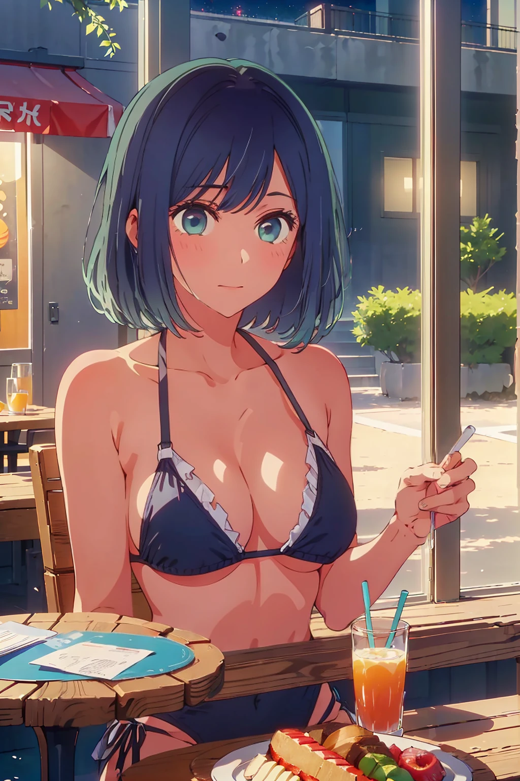 (Highest quality:1.4、masterpiece:1.4、Super detailed:1.4、8K:1.4)、((((1 person、Surprised expression、sit、Outdoor café terrace、coastal、juice、table、Sandy Beach、juiceのグラスを持つ、Plain Bikini、Very soft boobs、Big eyes、Very cute face))))、(moonlight:1.4、at night:1.4)、F cup bust、Medium breast、Underboob、Sideboob