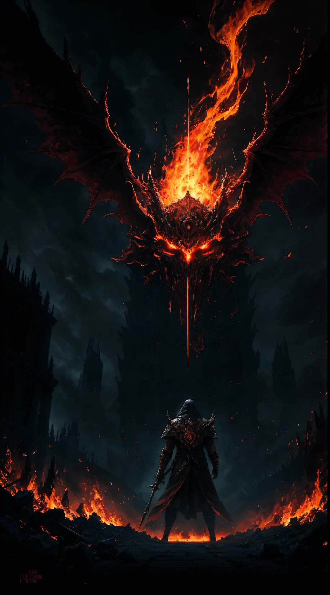 démon rouge maudit brisant les 7 sceaux,caractéristiques démoniaques détaillées,atmosphère menaçante,Ombres sombres et reflets,[Sinistre],fond infernal,[apocalyptique],yeux enflammés et souffle de feu,griffes et crocs tachés de sang,[intense],feu de l&#39;enfer et soufre,[pouvoir destructeur],scène de bataille épique,Illustration haute résolution avec description extrêmement détaillée.,un cauchemar devenu réalité,Présence puissante et imposante,chaos et destruction déclenchés,éclairé uniquement par des flammes vacillantes,Paysage dévasté,macabre et terrifiant,avec une touche d&#39;art gothique,des couleurs vibrantes avec un côté sombre, trasfondo Sinistre[Art conceptuel de chef-d’œuvre],dérangeant et inquiétant,Éclairage et ombres menaçants