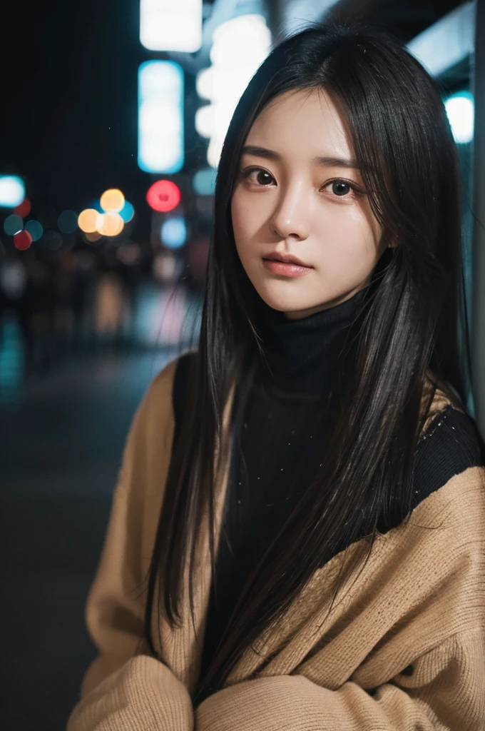 (8k, best quality, masterpiece, ultra highres:1.2), 1japanese girl, photo, realistic, black hair, turtleneck, winter, street, cinematic lighting