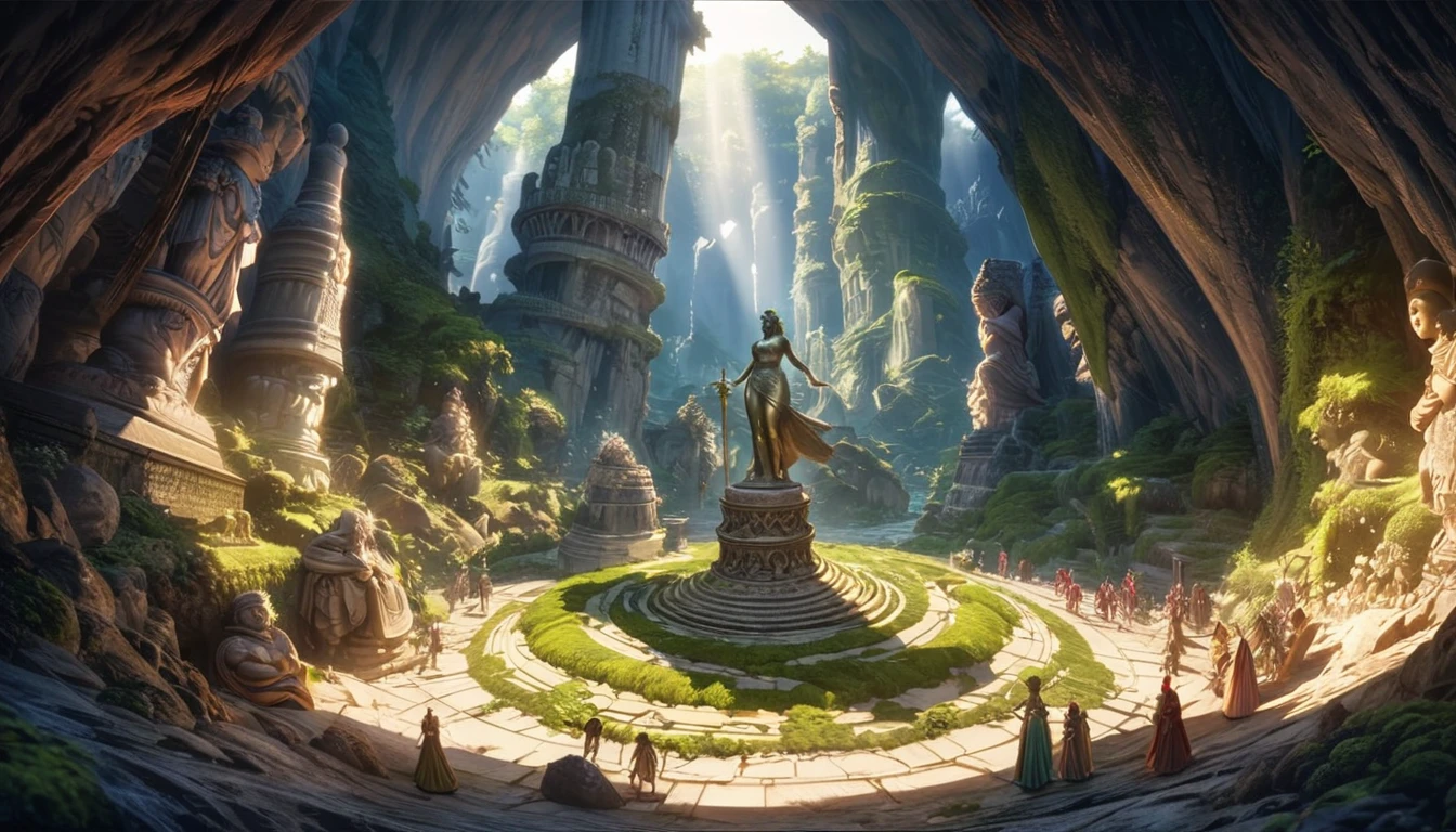 anime aestetics, anime scenery, huge cave, ancient monument standing in the center, statue of the goddes of fertility, old statue, covered in moss, curvy figure, cave vovered with different kinds of krystals, saphires, amethists, rubies, dim light, shiny crustals, mystic atmosphere, beautiful shine, a lot of colours, dnd, heroic fantasy, from above, wide shot, perspective, atmospheric perspective, 4K, 8k, highres, best quality, super detail, award winning, masterpiece