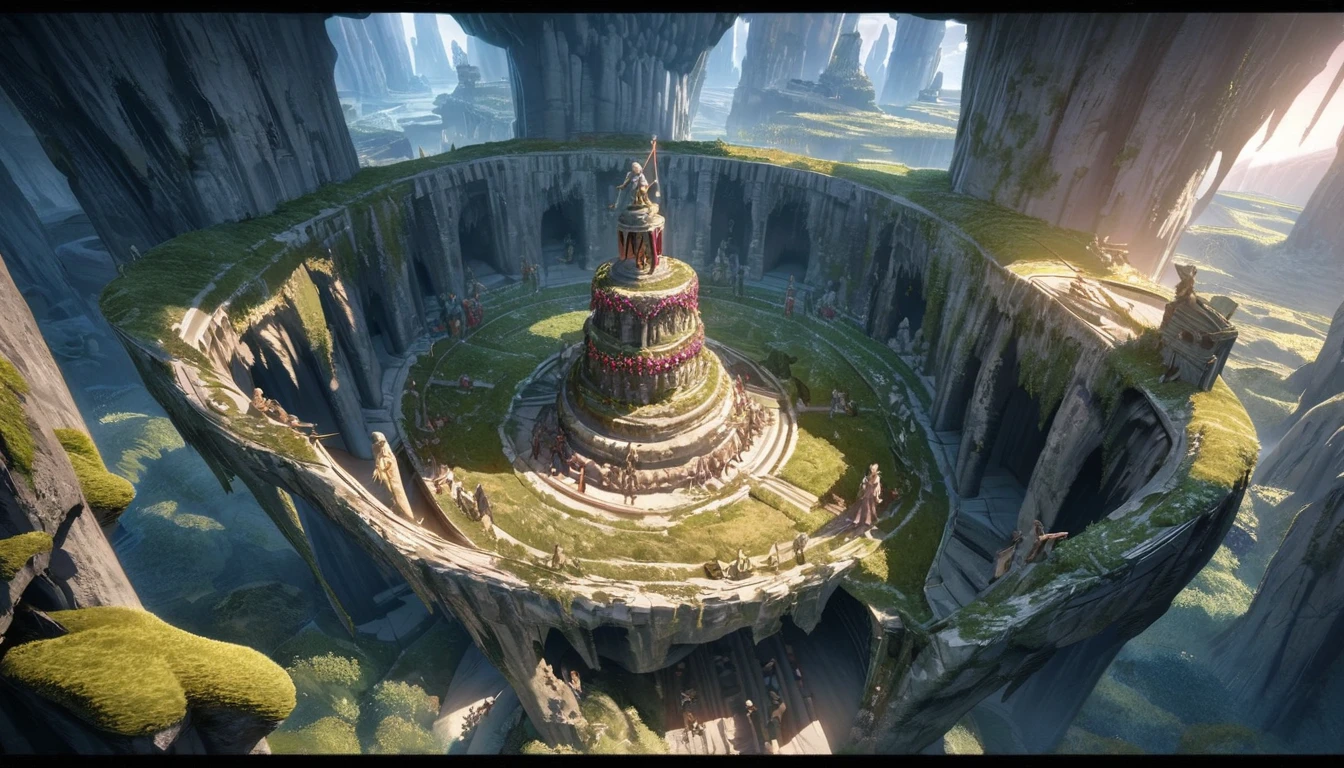 anime aestetics, anime scenery, huge cave, ancient monument standing in the center, statue of the goddes of fertility, old statue, covered in moss, curvy figure, cave vovered with different kinds of krystals, saphires, amethists, rubies, dim light, shiny crustals, mystic atmosphere, beautiful shine, a lot of colours, dnd, heroic fantasy, from above, wide shot, perspective, atmospheric perspective, 4K, 8k, highres, best quality, super detail, award winning, masterpiece