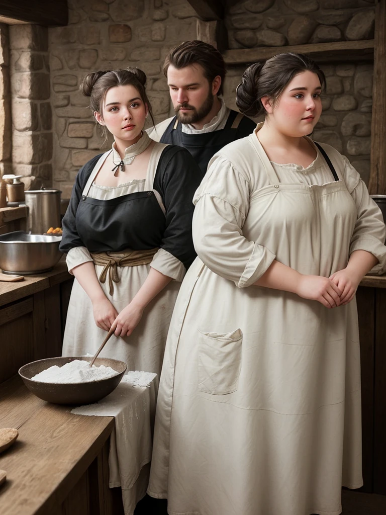 Chubby woman with hair up.
Dressed in humble medieval clothing.
He is wearing a flour-stained black apron over his clothes. He is in a kitchen of a medieval inn..