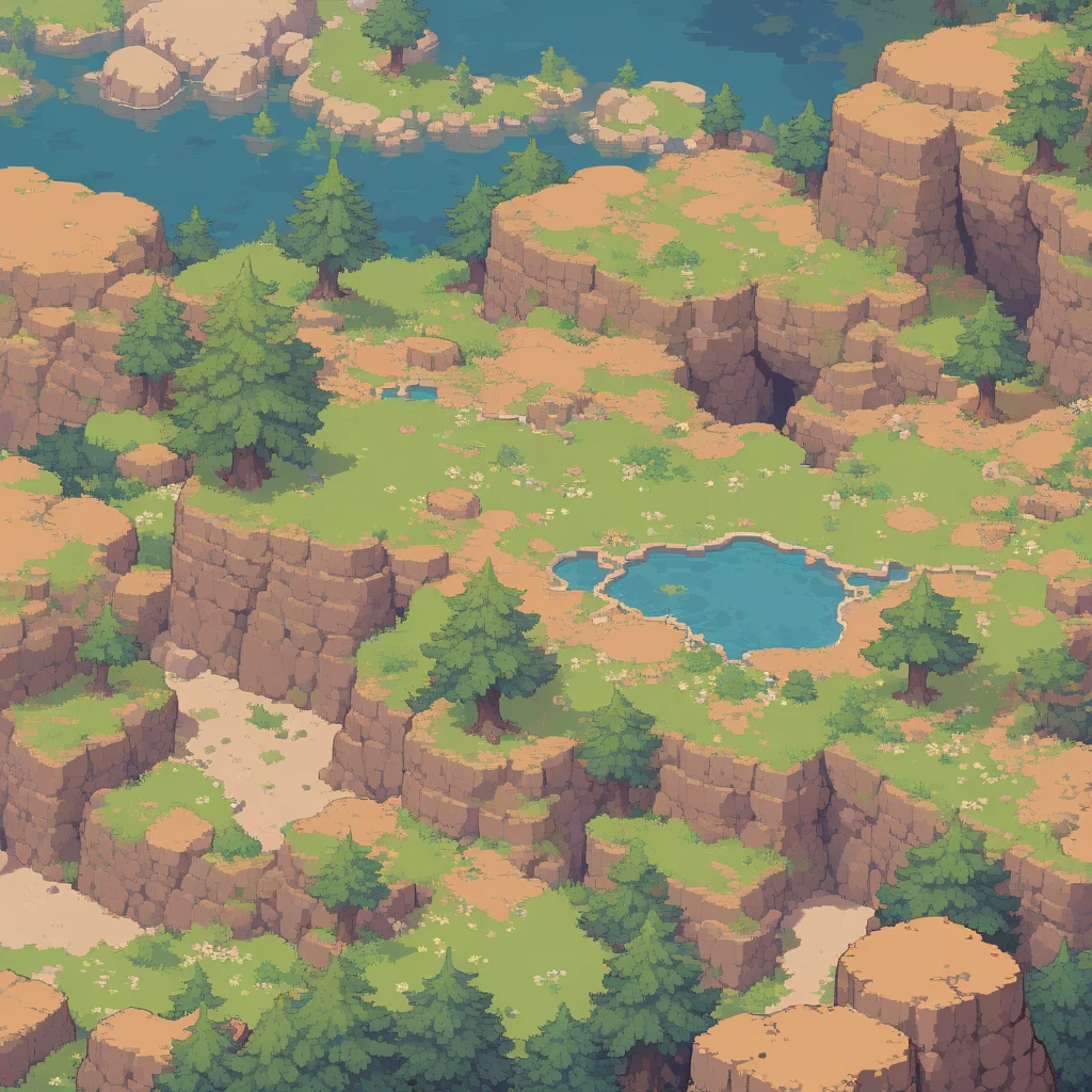 retro video game style,pixelated, vibrant pastel colors,8-bit characters,blocky shapes,sharp lines,detailed shading,classic gaming vibe,nostalgic atmosphere,classic arcade games,masterpiece:1.2,ultra-detailed,illustration style, 2d texture, stone texture, 4 k seamless mud texture, video game texture, dirt texture, tileset, game tiles, grass, 3/4th perspective trees, 3/4th perspective tileable rock texture, 3/4th perspective tileable cliff formations, tileable trees, topdown view, game texture, game art, tileable texture, very detailed cliff texture, intricate stones, top down view, 3/4th perspective