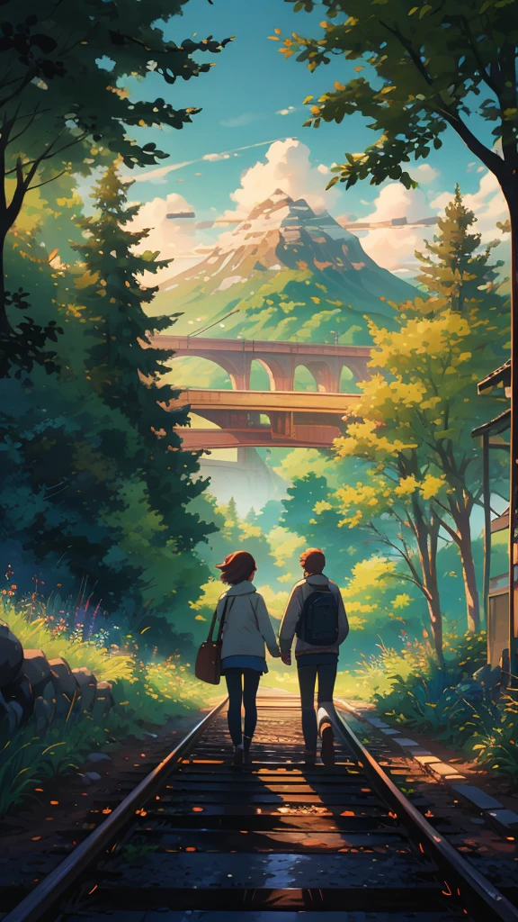 A vibrant image of a couple walking on a secluded railway line, beautiful, movies, romantic, life is strange, highly detailed, trees
