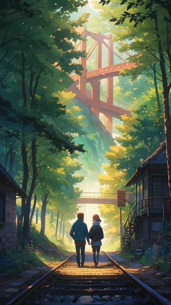 A vibrant image of a couple walking on a secluded railway line, beautiful, movies, romantic, life is strange, highly detailed, trees