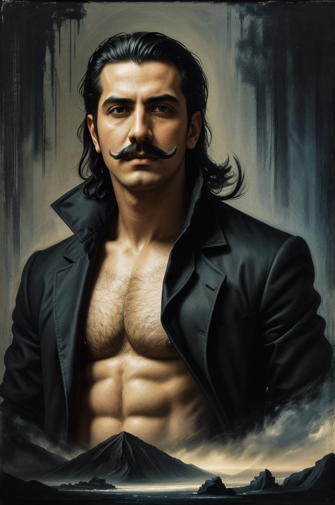 Full body portrait of handsome Hitrik Roshan with his signature mustache, cinematic, dramatic lighting, darker tones, bold strokes, digital painting, oil painting, watercolor, acrylic paint, pencil sketch, charcoal drawing, mixed media, pop art, surrealism, impressionism, cubism, abstract expressionism, chiaroscuro, caravaggiesque, baroque, renaissance, classicism, neoclassical, romanticism, symbolism, modernism, postmodernism, contemporary, futurist, dada, surrealist, minimalist, conceptual, figurative, representational, expressive, emotional, moody, atmospheric, dreamy, nostalgic, timeless, iconic, epic, heroic, mythological, legendary, fantastical, magical