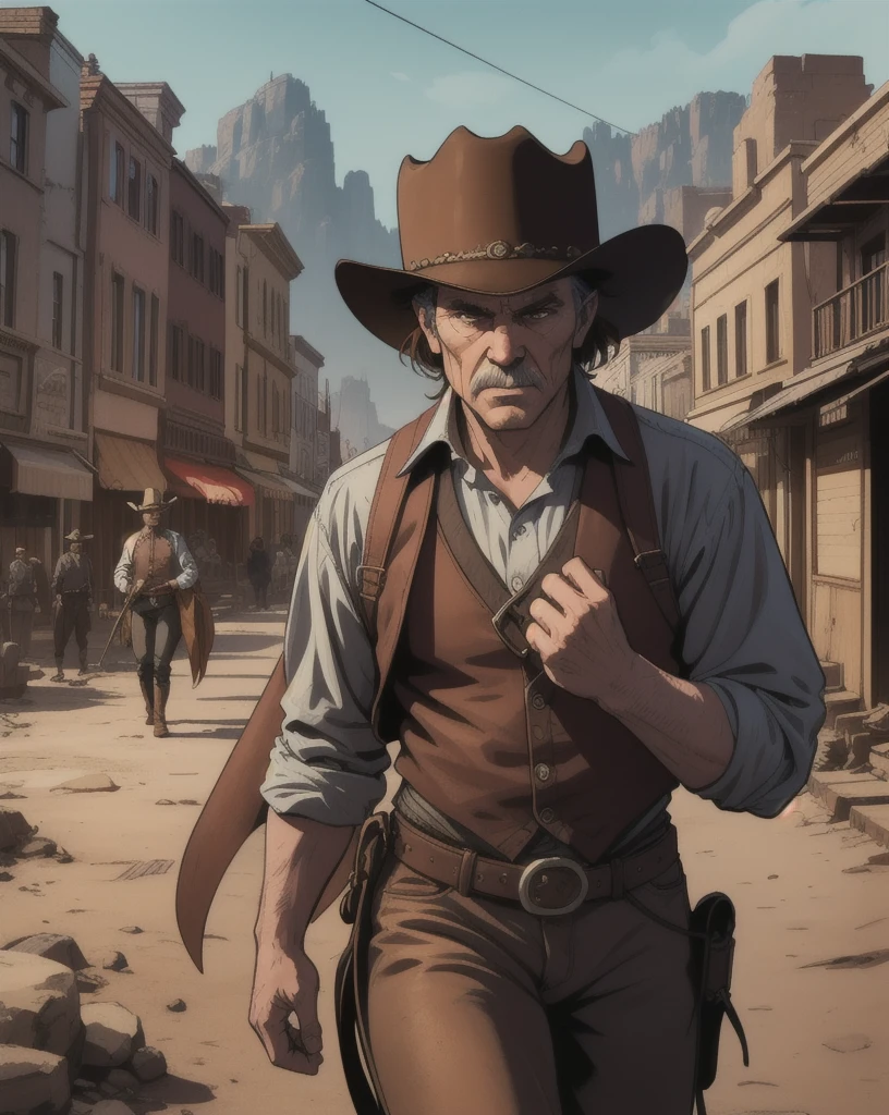Graphic novel style illustrations of portraits., Strong Old Cowboy, Western Movies, epic, wild west city background, sharp, very detailed, HD, HDR, 4K, High quality, high resolution, 2d, Masterpiece, epic, cinema, Digital Artwork
