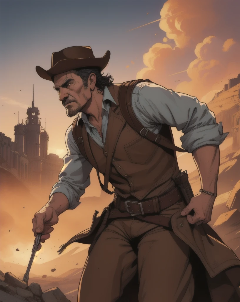 Graphic novel style illustrations of portraits., Strong Old Cowboy, Western Movies, epic, wild west city background, sharp, very detailed, HD, HDR, 4K, High quality, high resolution, 2d, Masterpiece, epic, cinema, Digital Artwork