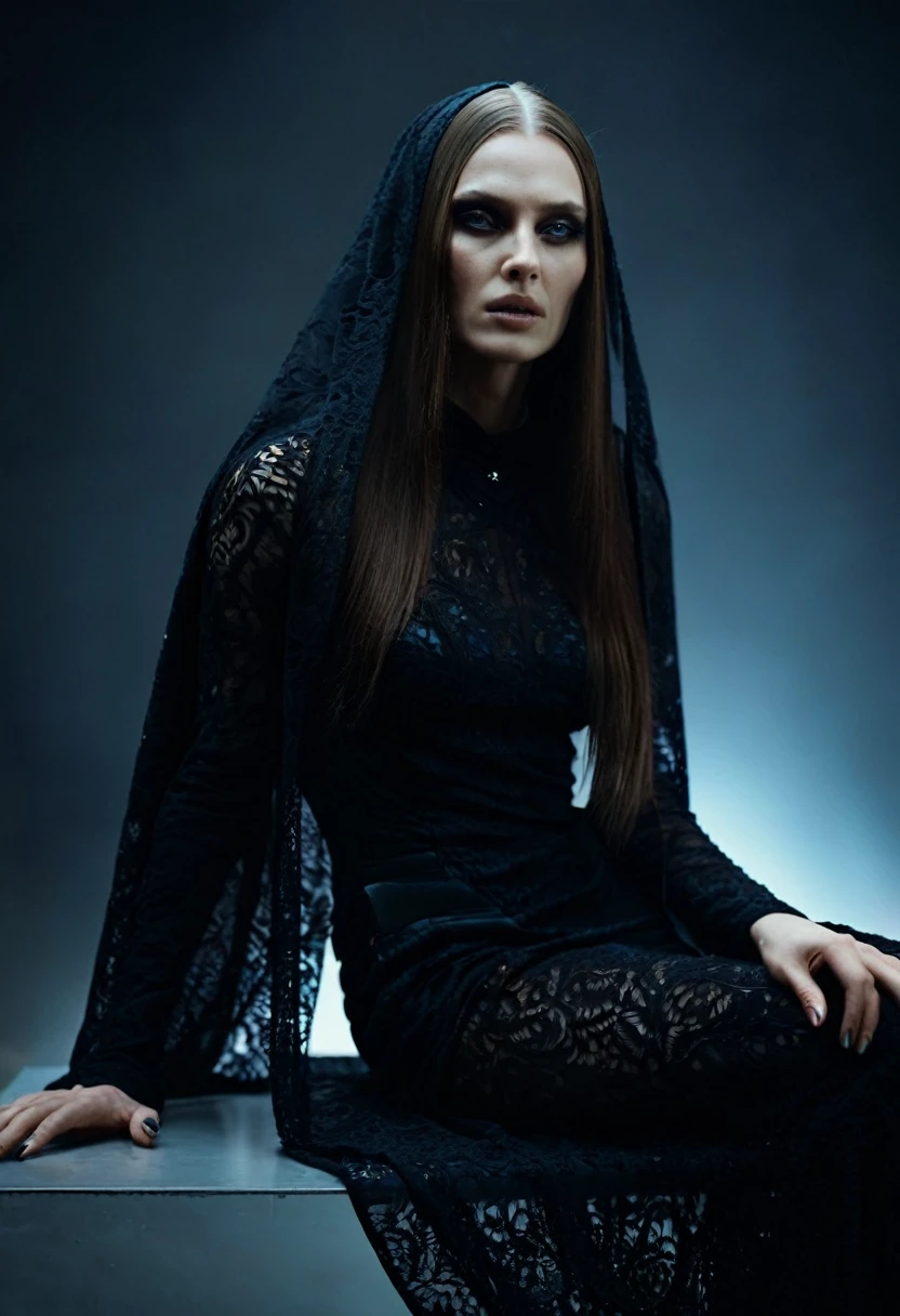 Fashionable of androgynous alien looking witch wearing veil, glowing eyes, beautiful evil slavic muscular woman, pale skin, long hair, futuristic design, minimal details, givenchy, photoreal, 200mm, hd, f/ 2.0, highly detailed, surreal, sitting, light smile, simple black stylish clothes, a slight smiledrop dead, in the style of red and blue, (intricate details, hyperdetailed:1.15) (skin texture:1.2), cinematic, professional, 4k, (((dynamic model pose))), sitting, full body, mesmerizing, dynamic, dramatic, sensual, dynamic pose, highly detailed skin with hair, subcutaneous veins, light and shadow play, highly detailed,24mm photograph, film, bokeh, professional, 4k,