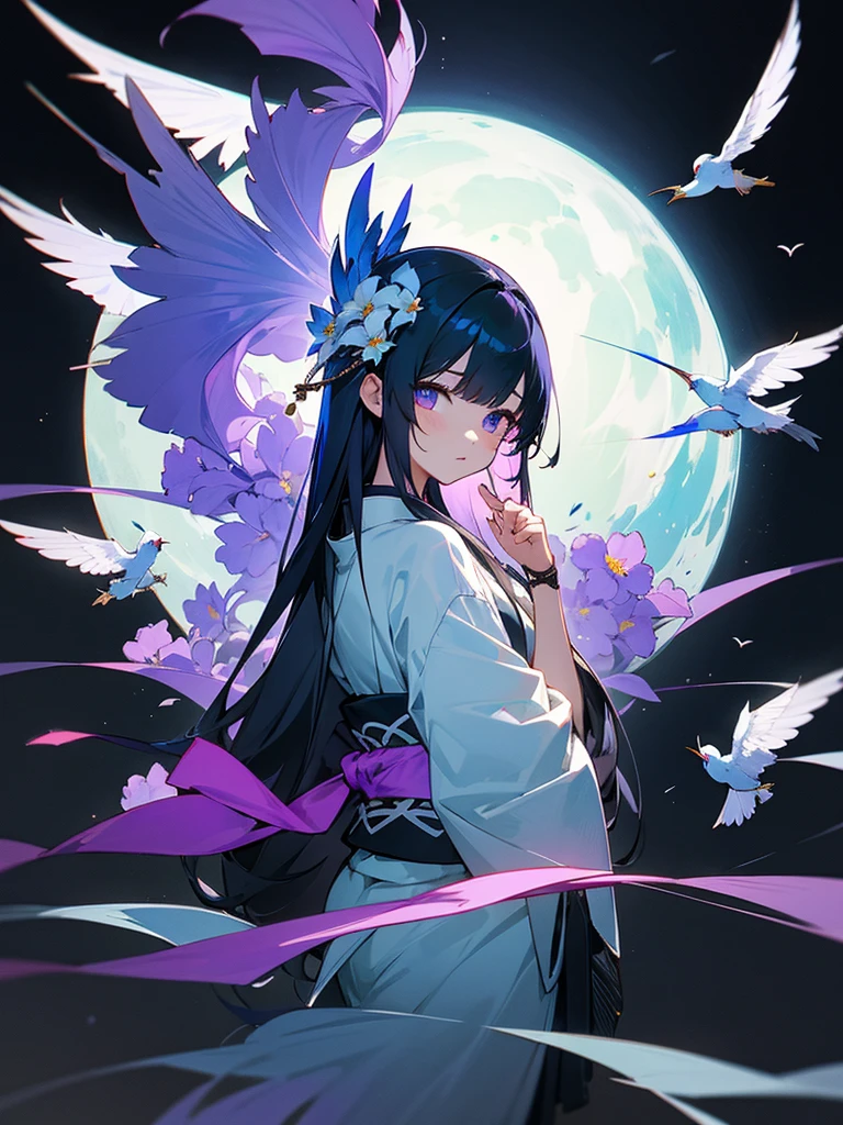 Anime illustration、In any case, draw according to the promptasterpiece、Highest quality、One girl、Long straight black hair、Hair ornament is white flower、Eye color is green、Japanese style kimono、The obi is white、The obidome has a Mizuhiki pattern.、Lots of purple iris flowers、There is a kingfisher bird、Summer evening、The thirteenth night moon is in the sky、Keep a distance between the girl and the background、