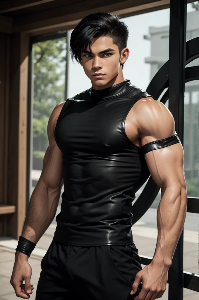 a young male ninja, 18 years old, American, athletic and well-muscled body, green eyes, short black hair, ((black arm sleeve)),black leather tank top tight