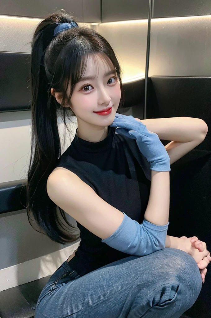 Zhang Qi。Tall and sexy,Long Ponytail,Wear a denim vest with light blue tights,Outline the full breasts,Wear black leggings with Martin boots,Outline the sexy buttocks,Cross your hands over your chest,Smiling