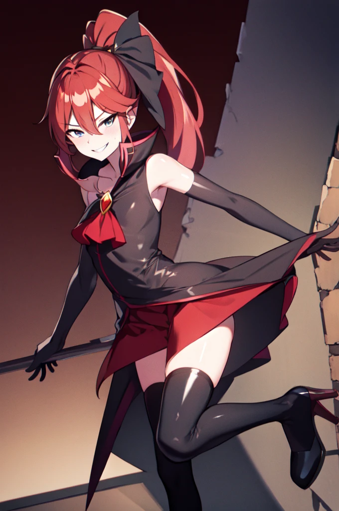 Highest quality, masterpiece, One Girl,Not beautiful, Red Ponytail, Long dress, brooch, Hair Ribbon, Black knee socks, Standing on the rubble, (Wicked Smile:1.1), ,,Dark shadowed face,Sadistic smile,Malice,Contempt,smile,latex,Bad face,,Red Skirt,two hands,two legs,five fingers,evil background,elbow gloves,latex, Wicked Smile, devilish aura (Shiny fabric:1.5),Dark world background,独奏,kick