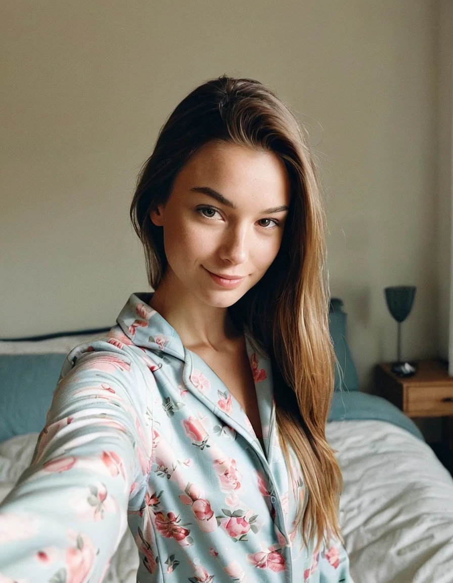 instagram selfie , a 23 year old gorgeous woman , slight smile , detailed skin face and eyes , natural lighting , at home , long hair, wearing cute pajamas , film grain, low contrast