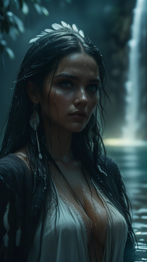 (((ultra realistic))), ((ultra-detailed face and eyes: 1.3)) ,(native girl), with very long thick hair, (feathers in hair), ((few clothes)) , ((indigenous clothing)) , slender body, (wet skin and clothes) , Near the waterfall, rain, mysterious dark atmosphere (In the moonlight, night, shadow), contrasting, ((ultra-detailed)), ((Skin detailing)), (scene from a movie about ancient people), (Dark color scheme)