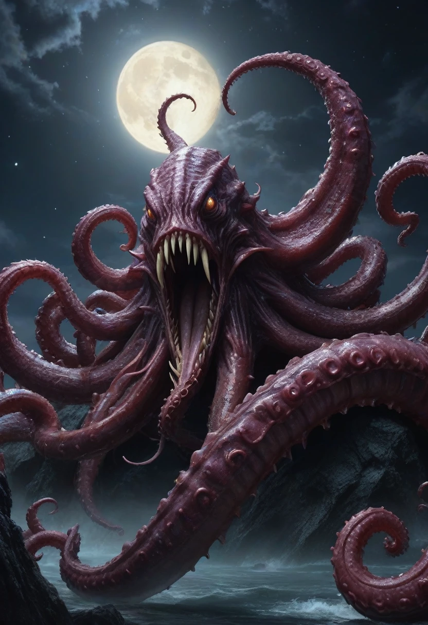 fantasy, horror fantasy, During a lunar eclipse，Planetary conjunction opens door to underworld，Release the stinging tentacle beast from the ichor of the night,  Eclipse Demon Tentacle Barb Pus, UHD 8K ultra-realistic intricate details