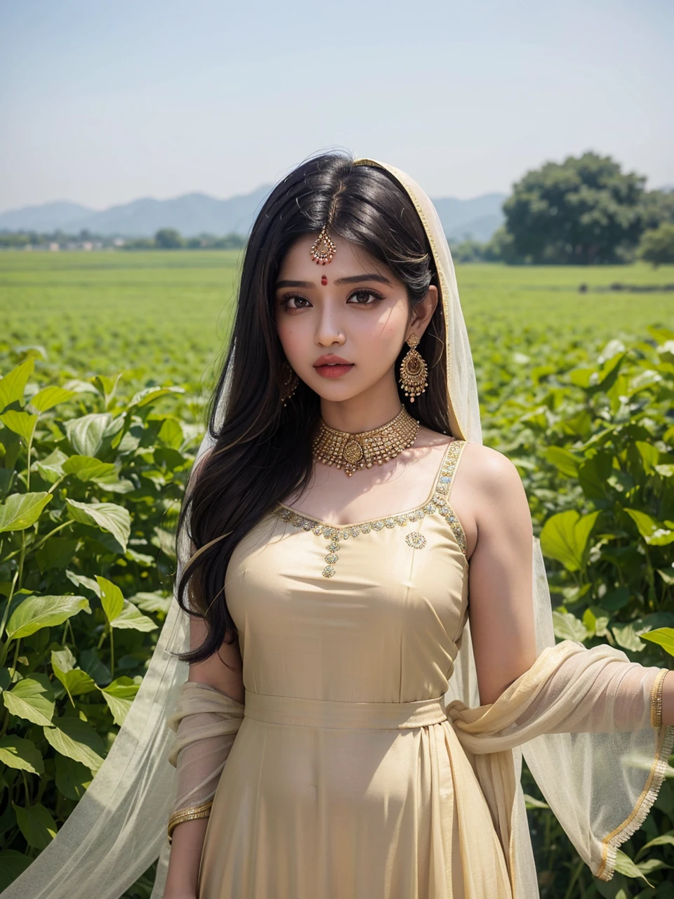 (((desi girl))), chubby face, natural skin, wearing hot deep neck khamir salwar and dupatta, charming black hair, Badi Choti ((hair ends are blonde)) Khet Mein Bada gana Khet background, bokeh