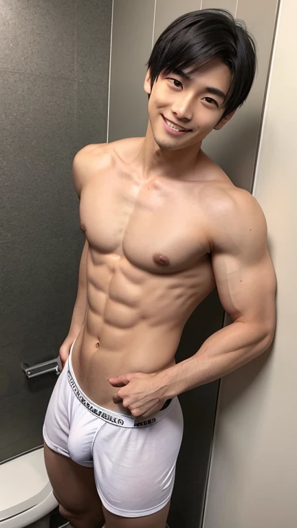 Japanese men、A slender but strong body trained at the gym、Smooth skin with light sweating、Anatomically correct body、Sit with your legs wide open、Smiling in a friendly manner、Relaxed atmosphere、The whole body is visible、Showing off some cool, thin, white, very revealing boxer briefs that are tight and showy、in narrow bathroom、Very short, cropped black hair、A young handsome man who looks quite young、Place your hands behind your back
