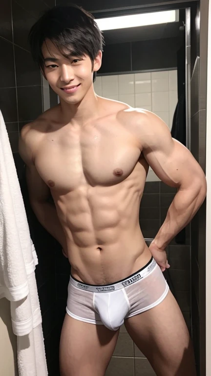 Japanese men、A slender but strong body trained at the gym、Smooth skin with light sweating、Anatomically correct body、Sit with your legs wide open、Smiling in a friendly manner、Relaxed atmosphere、The whole body is visible、Showing off some cool, thin, white, very revealing boxer briefs that are tight and showy、in narrow bathroom、Very short, cropped black hair、A young handsome man who looks quite young、Place your hands behind your back