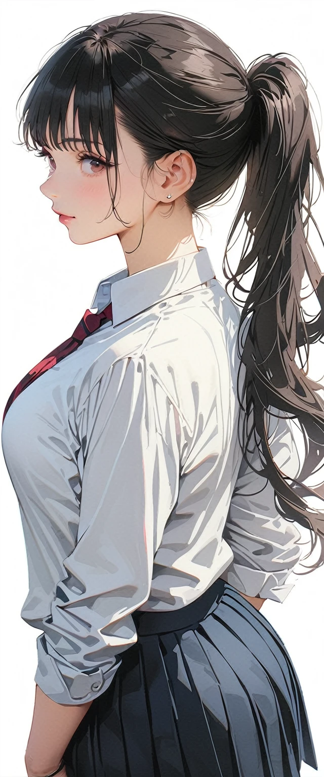 20 years old,1 mature woman,hyperrealistic, 8k, (extremely detailed 8k), (very delicate and beautiful), (masterpiece), (better quality:1.0), (ultra high resolution:1.0), (masterpiece, best quality),cute,black hair,ponytail,full body,white background,realistic skin,collared shirt, pleated skirt,model posing