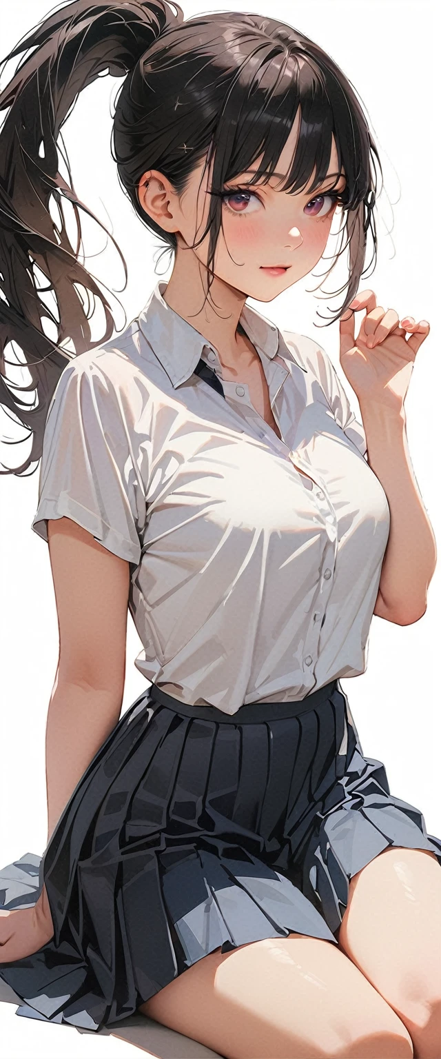 a tall girl big breast beautiful sensual beauty light green hair short cut her red eye dresses green top under long white shirt and a long green skirt cute dress